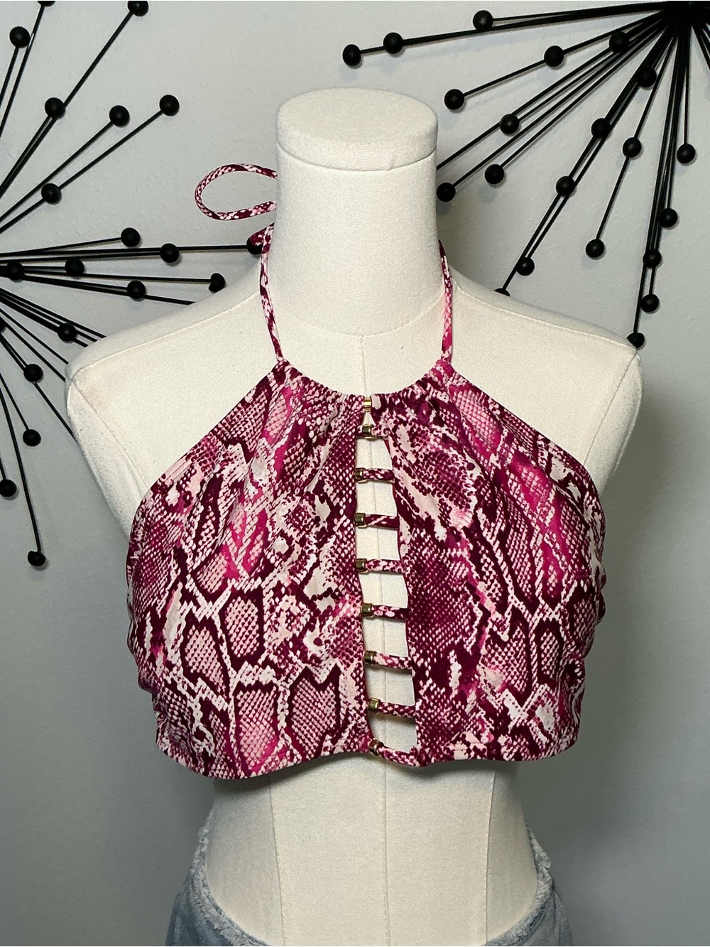 Bebe Pink Snakeskin Halter Bikini Top Cutout Swim Top Size Large